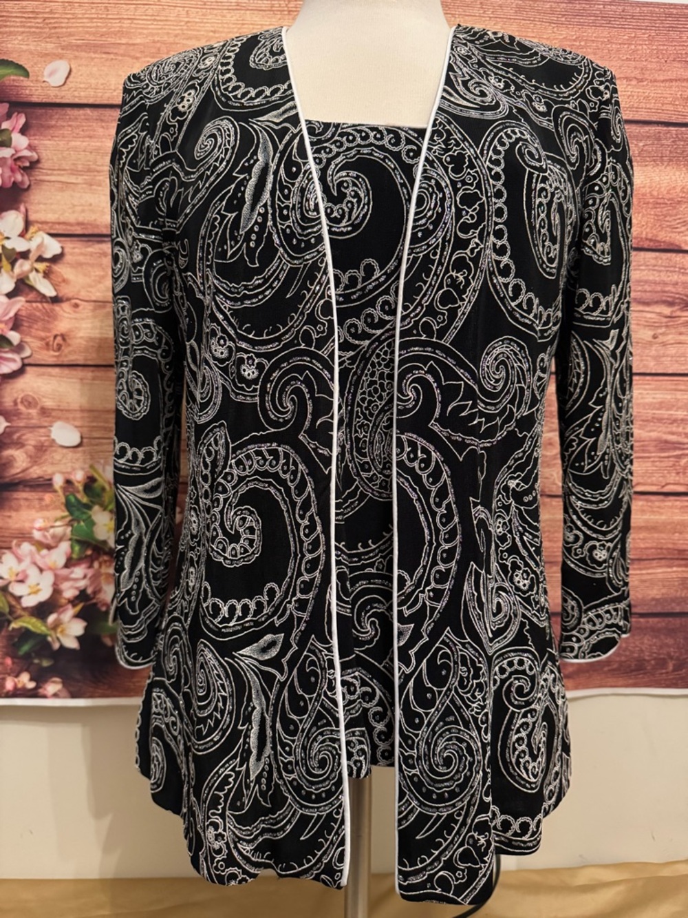 Alex Evenings 2 Piece Set Black White Paisley Jacket Tank Medium Dressy Outfit